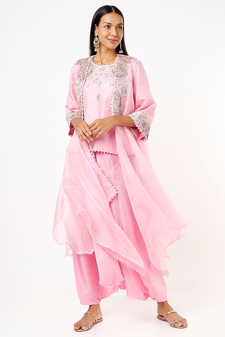 Carnation Pink Satin Harem Pant Set by Mahi Calcutta