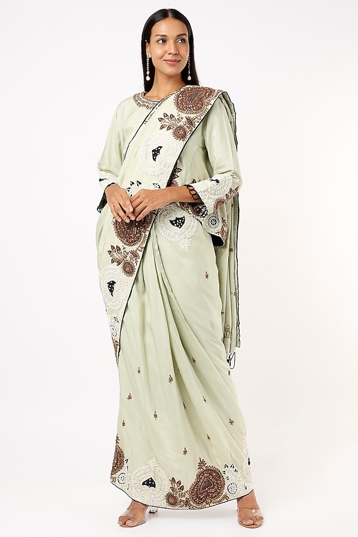 Mint Green Pre-Stitched Drape Saree Set by Mahi Calcutta