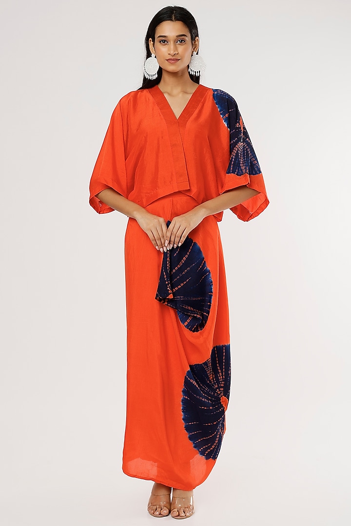 Vermillion Red Printed Wrap-Around Skirt Set by Mahi Calcutta
