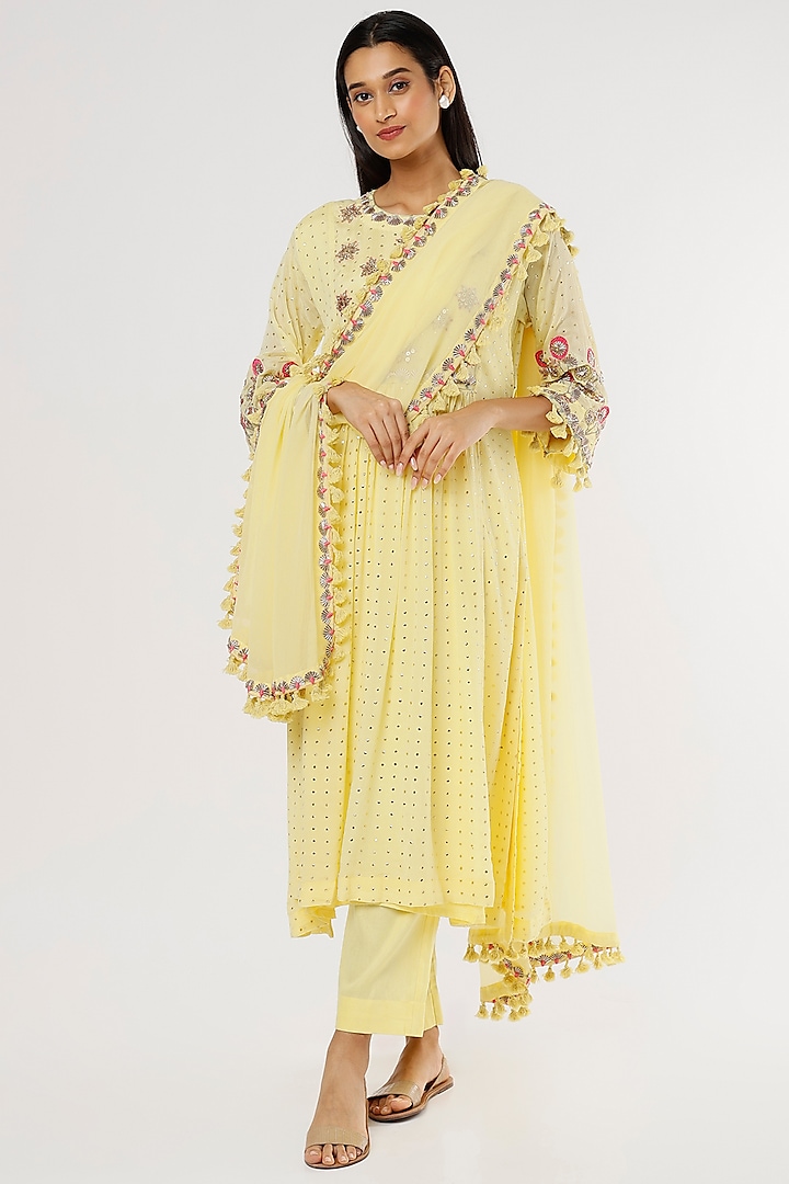 Light Yellow Embroidered Kurta Set by Mahi Calcutta