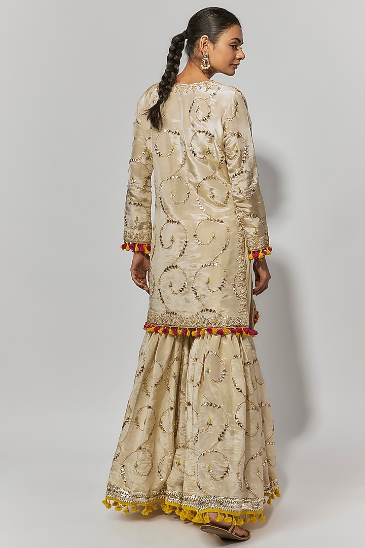 Ivory Tissue Georgette Gota Patti Embroidered Wedding Sharara Set by Mahi Calcutta at Pernia's Pop Up Shop