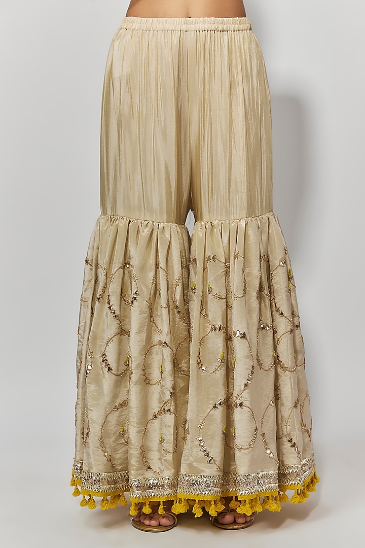 Ivory Tissue Georgette Gota Patti Embroidered Wedding Sharara Set by Mahi Calcutta at Pernia's Pop Up Shop