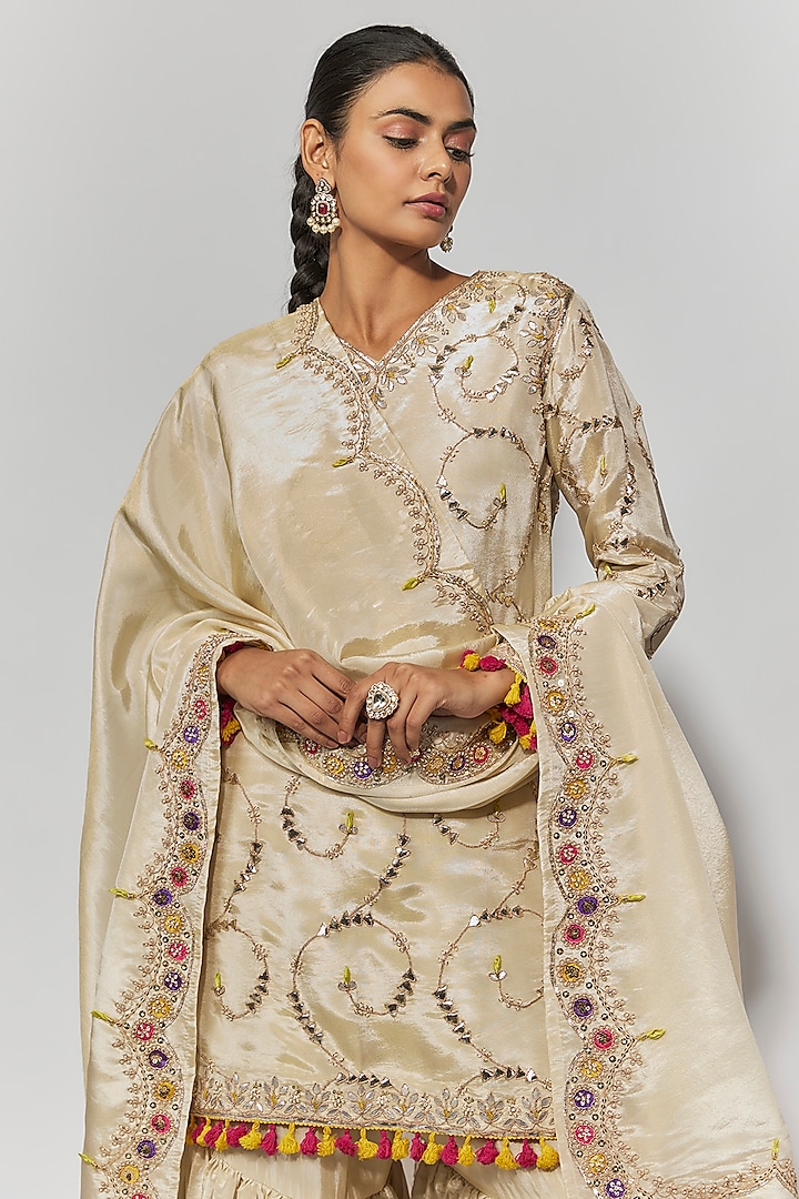 Ivory Tissue Georgette Gota Patti Embroidered Wedding Sharara Set by Mahi Calcutta at Pernia's Pop Up Shop