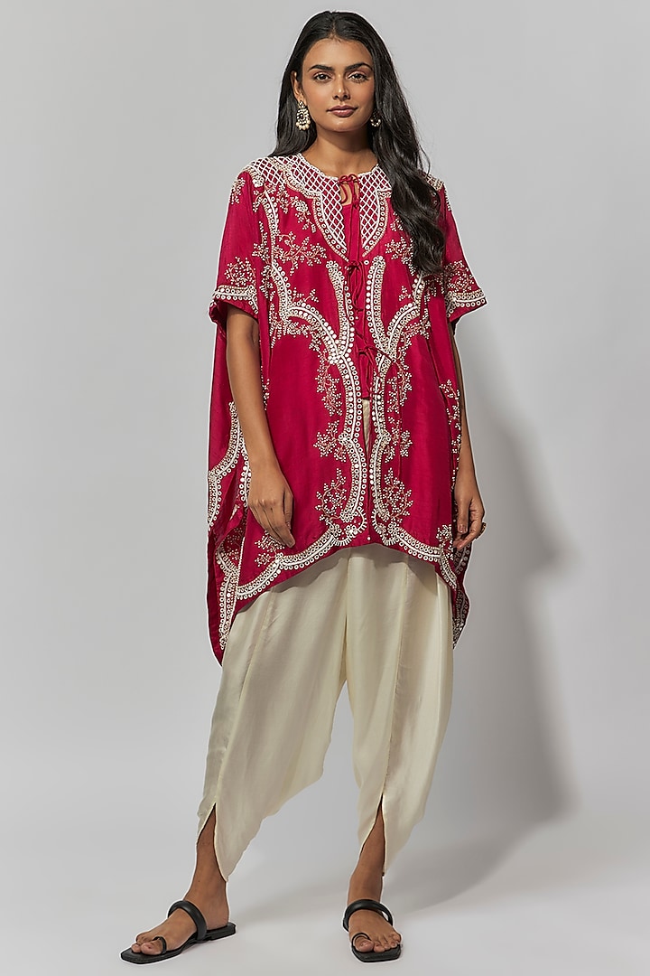 Fuchsia Summer Cotton Silk Thread Embroidered Kaftan Set by Mahi Calcutta at Pernia's Pop Up Shop