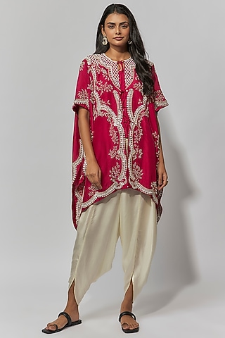 Fuchsia Summer Cotton Silk Thread Embroidered Kaftan Set by Mahi Calcutta