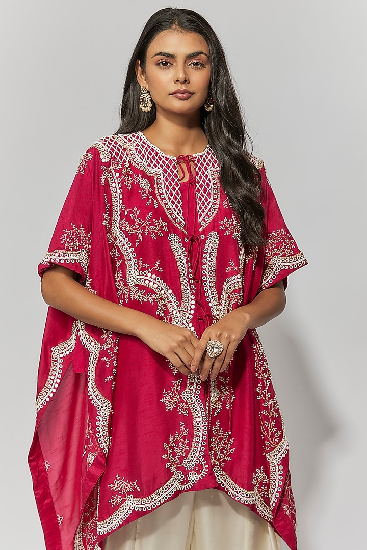 Fuchsia Summer Cotton Silk Thread Embroidered Kaftan Set by Mahi Calcutta at Pernia's Pop Up Shop