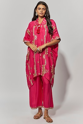 Fuchsia Cotton Silk Gota Patti Embroidered Kaftan Set by Mahi Calcutta