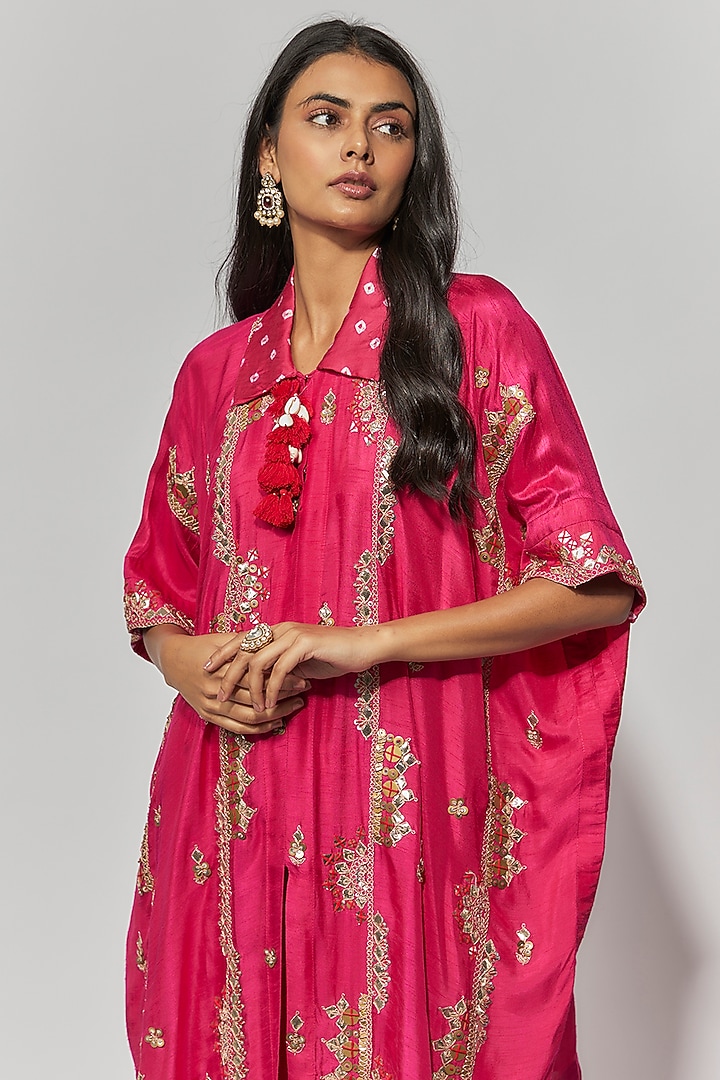 Fuchsia Cotton Silk Gota Patti Embroidered Kaftan Set by Mahi Calcutta at Pernia's Pop Up Shop