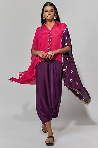 Fuchsia & Aubergine Summer Cotton Silk Printed Cape Set by Mahi Calcutta