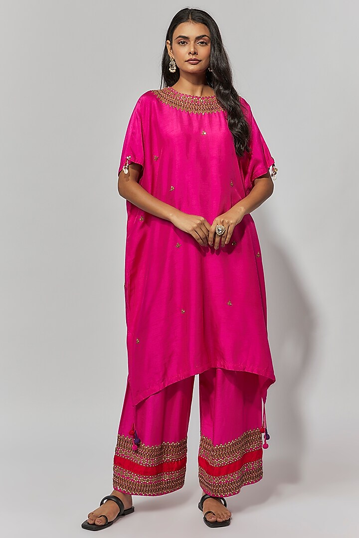 Raspberry Pink Summer Cotton Silk Hand Embroidered Kaftan Set by Mahi Calcutta