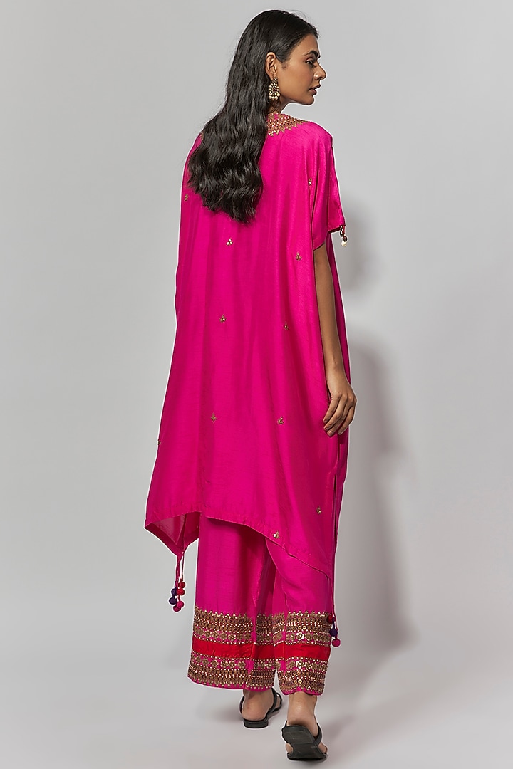 Raspberry Pink Summer Cotton Silk Hand Embroidered Kaftan Set by Mahi Calcutta at Pernia's Pop Up Shop