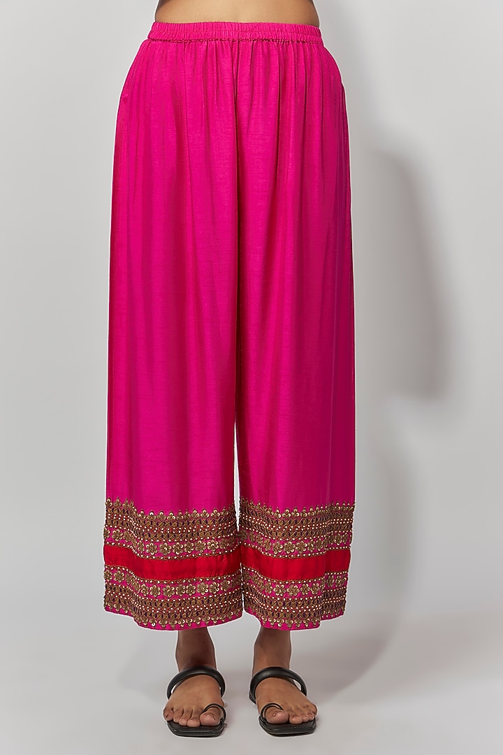 Raspberry Pink Summer Cotton Silk Hand Embroidered Kaftan Set by Mahi Calcutta at Pernia's Pop Up Shop