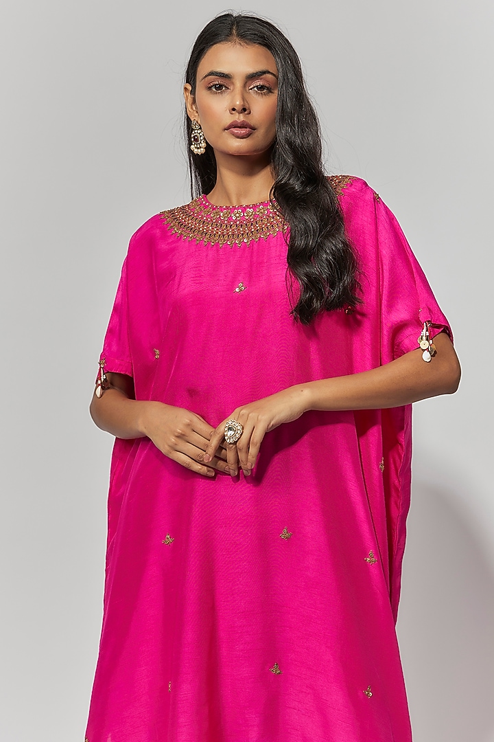 Raspberry Pink Summer Cotton Silk Hand Embroidered Kaftan Set by Mahi Calcutta at Pernia's Pop Up Shop