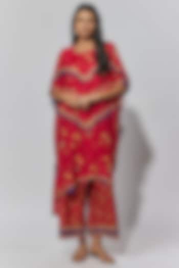Maroon Summer Cotton Silk Printed & Embroidered Kaftan Set by Mahi Calcutta