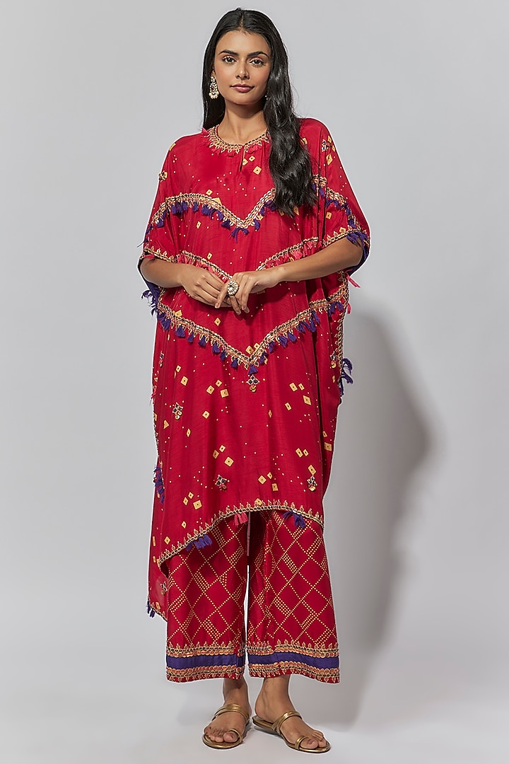 Maroon Summer Cotton Silk Printed & Embroidered Kaftan Set by Mahi Calcutta