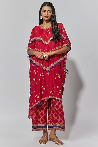 Maroon Summer Cotton Silk Printed & Embroidered Kaftan Set by Mahi Calcutta