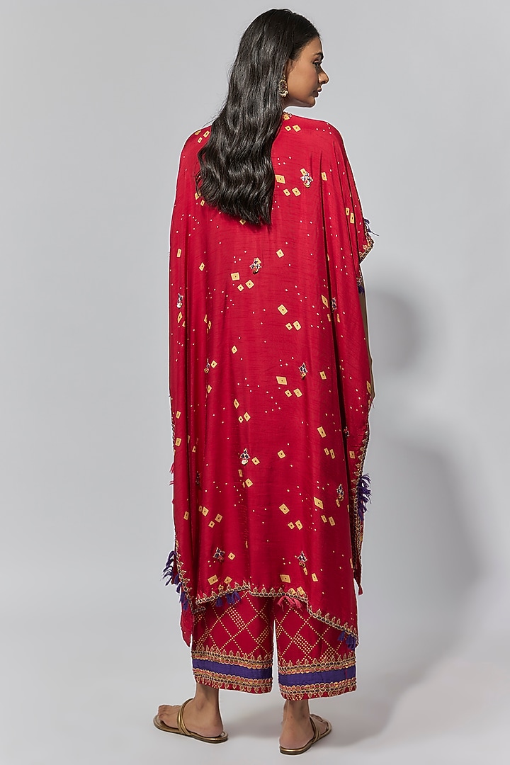 Maroon Summer Cotton Silk Printed & Embroidered Kaftan Set by Mahi Calcutta at Pernia's Pop Up Shop