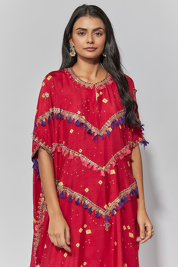 Maroon Summer Cotton Silk Printed & Embroidered Kaftan Set by Mahi Calcutta at Pernia's Pop Up Shop