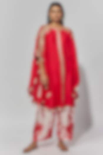 Red Summer Cotton Silk Gota Patti Embroidered Co-Ord Set by Mahi Calcutta