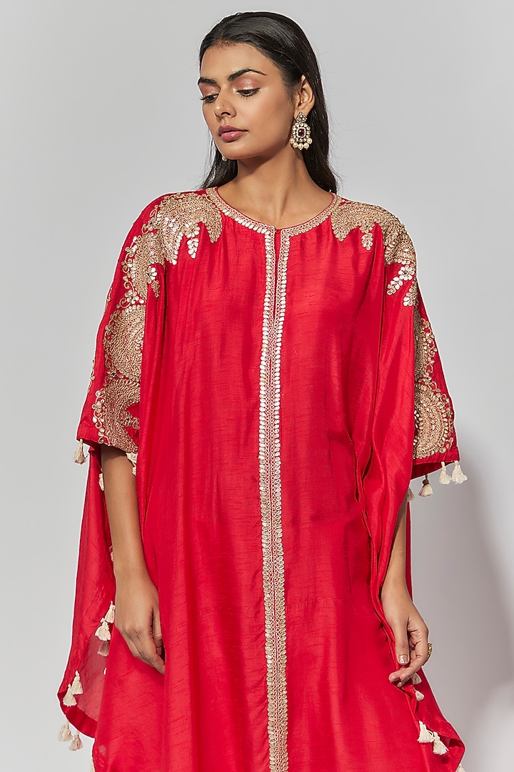 Red Summer Cotton Silk Gota Patti Embroidered Co-Ord Set by Mahi Calcutta at Pernia's Pop Up Shop