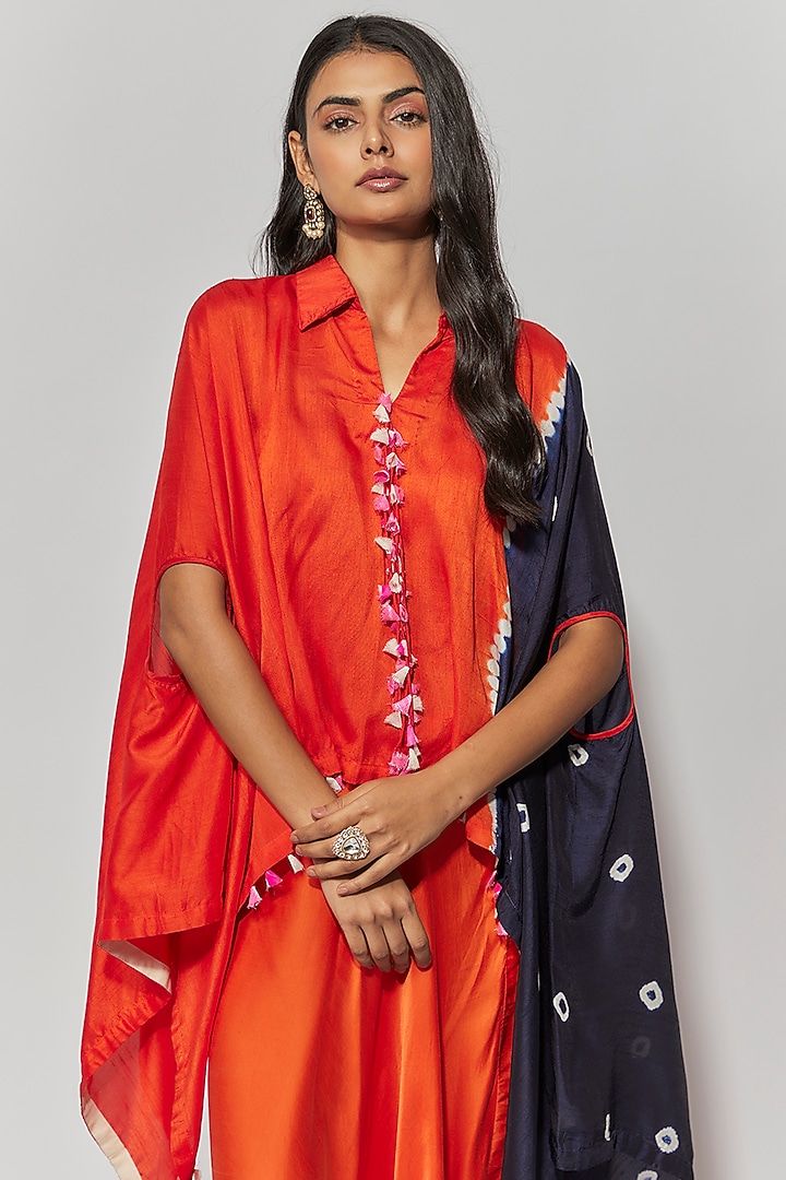 Burnt Orange & Navy Summer Cotton Silk Printed Cape Set by Mahi Calcutta at Pernia's Pop Up Shop