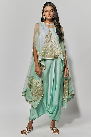 Aqua Blue Organza Zari Embroidered Cape Set by Mahi Calcutta