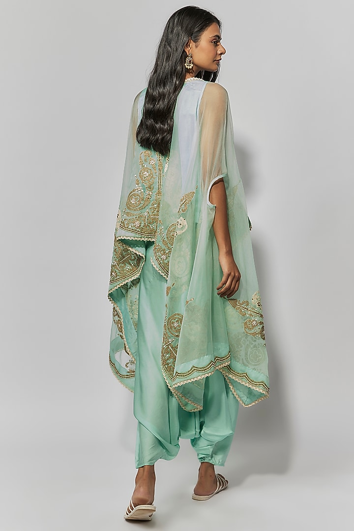 Aqua Blue Organza Zari Embroidered Cape Set by Mahi Calcutta at Pernia's Pop Up Shop