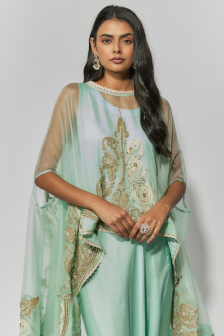 Aqua Blue Organza Zari Embroidered Cape Set by Mahi Calcutta at Pernia's Pop Up Shop