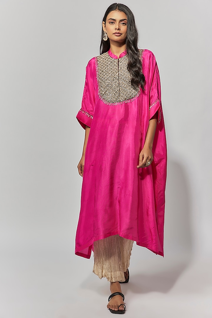 Hot Pink Summer Cotton Silk Hand Embroidered Kaftan Set by Mahi Calcutta
