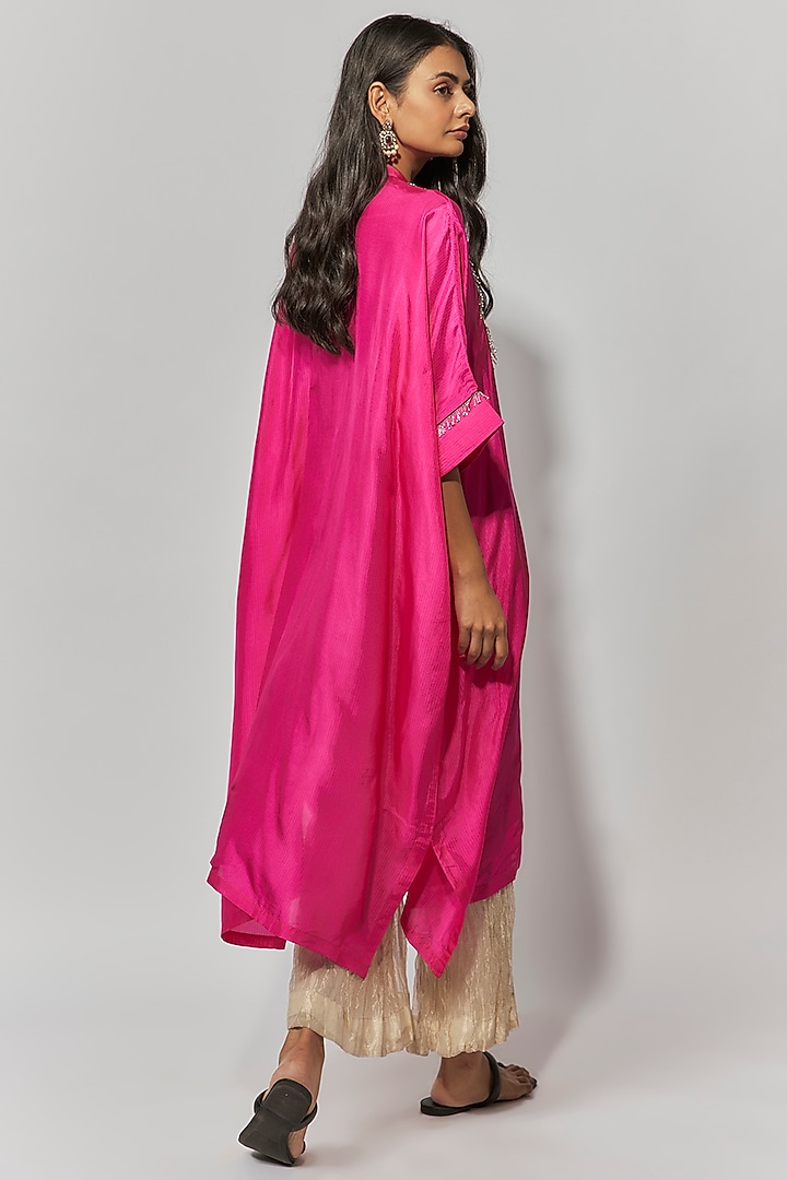 Hot Pink Summer Cotton Silk Hand Embroidered Kaftan Set by Mahi Calcutta at Pernia's Pop Up Shop