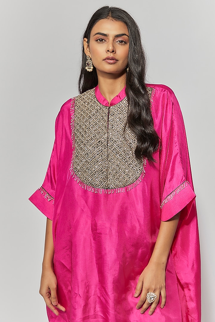 Hot Pink Summer Cotton Silk Hand Embroidered Kaftan Set by Mahi Calcutta at Pernia's Pop Up Shop
