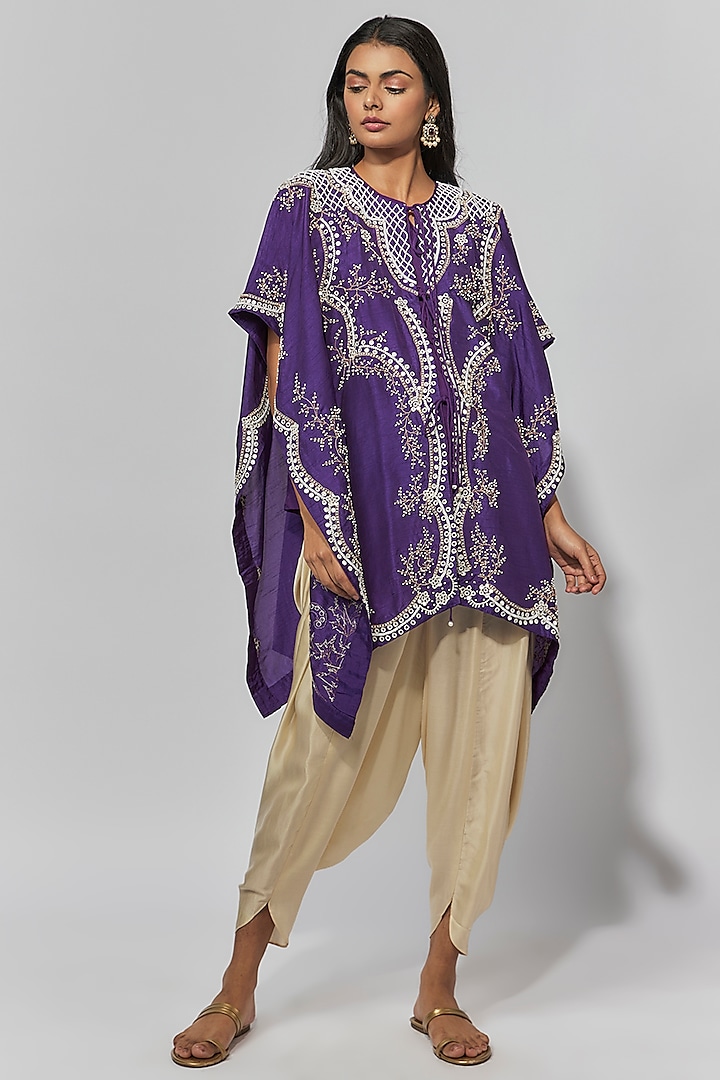 Purple Summer Cotton Silk Thread Embroidered Kaftan Set by Mahi Calcutta