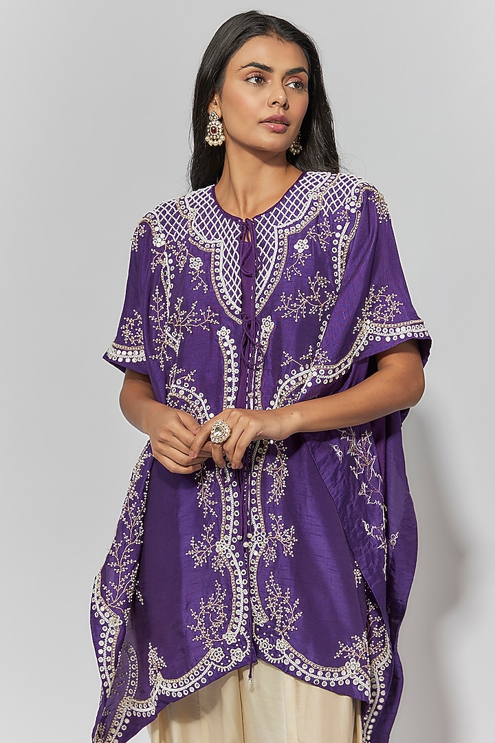 Purple Summer Cotton Silk Thread Embroidered Kaftan Set by Mahi Calcutta at Pernia's Pop Up Shop