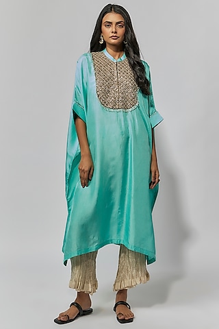 Aqua Blue Summer Cotton Silk Hand Embroidered Kaftan Set by Mahi Calcutta