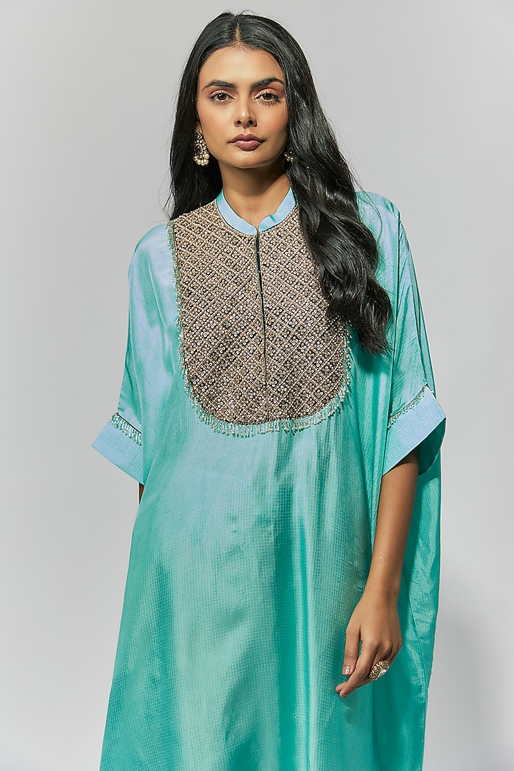 Aqua Blue Summer Cotton Silk Hand Embroidered Kaftan Set by Mahi Calcutta at Pernia's Pop Up Shop