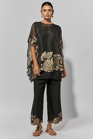 Black Pure Organza Embellished Kaftan Set by Mahi Calcutta
