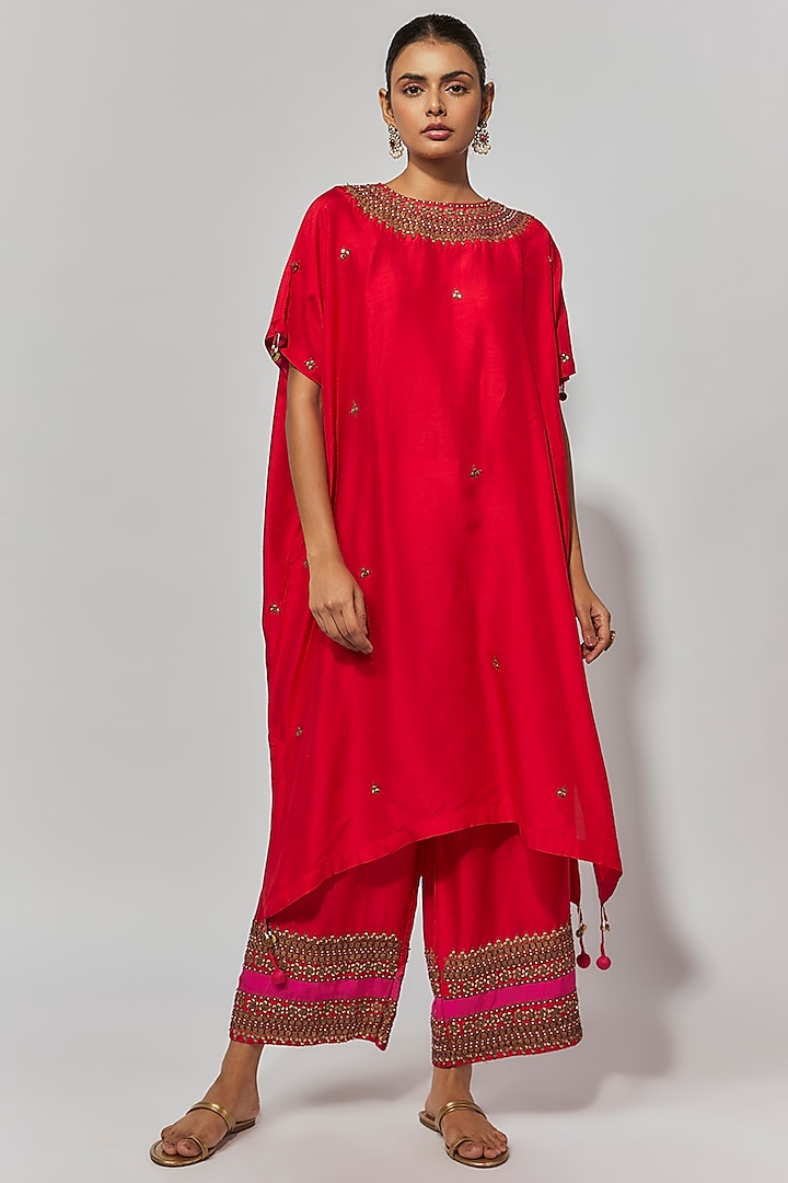 Red Summer Cotton Silk Hand Embroidered Kaftan Set by Mahi Calcutta