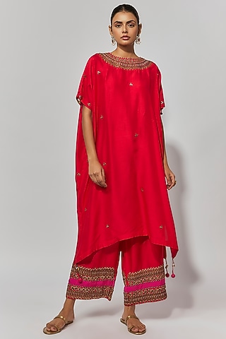 Red Summer Cotton Silk Hand Embroidered Kaftan Set by Mahi Calcutta