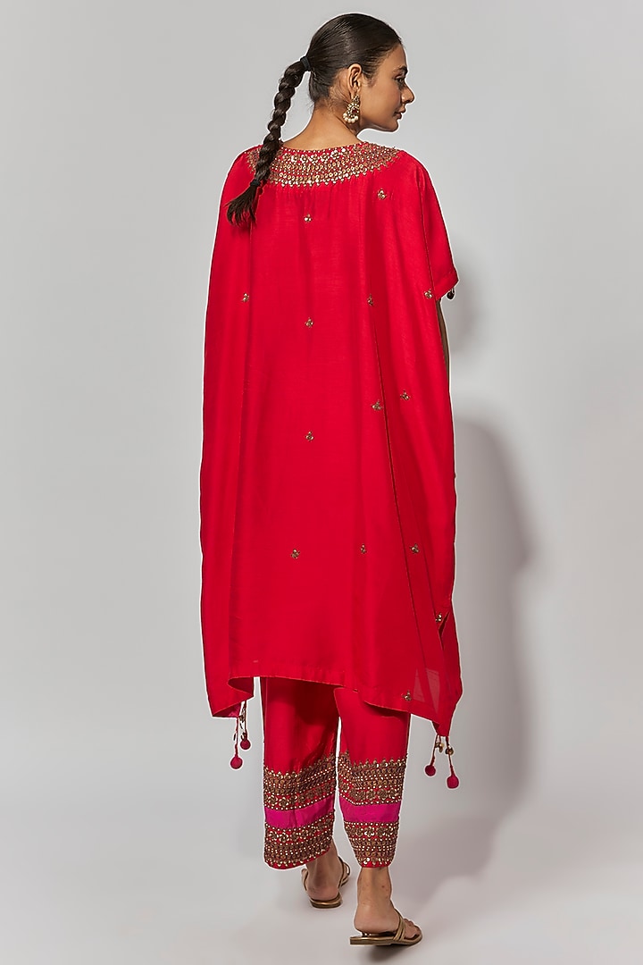Red Summer Cotton Silk Hand Embroidered Kaftan Set by Mahi Calcutta at Pernia's Pop Up Shop