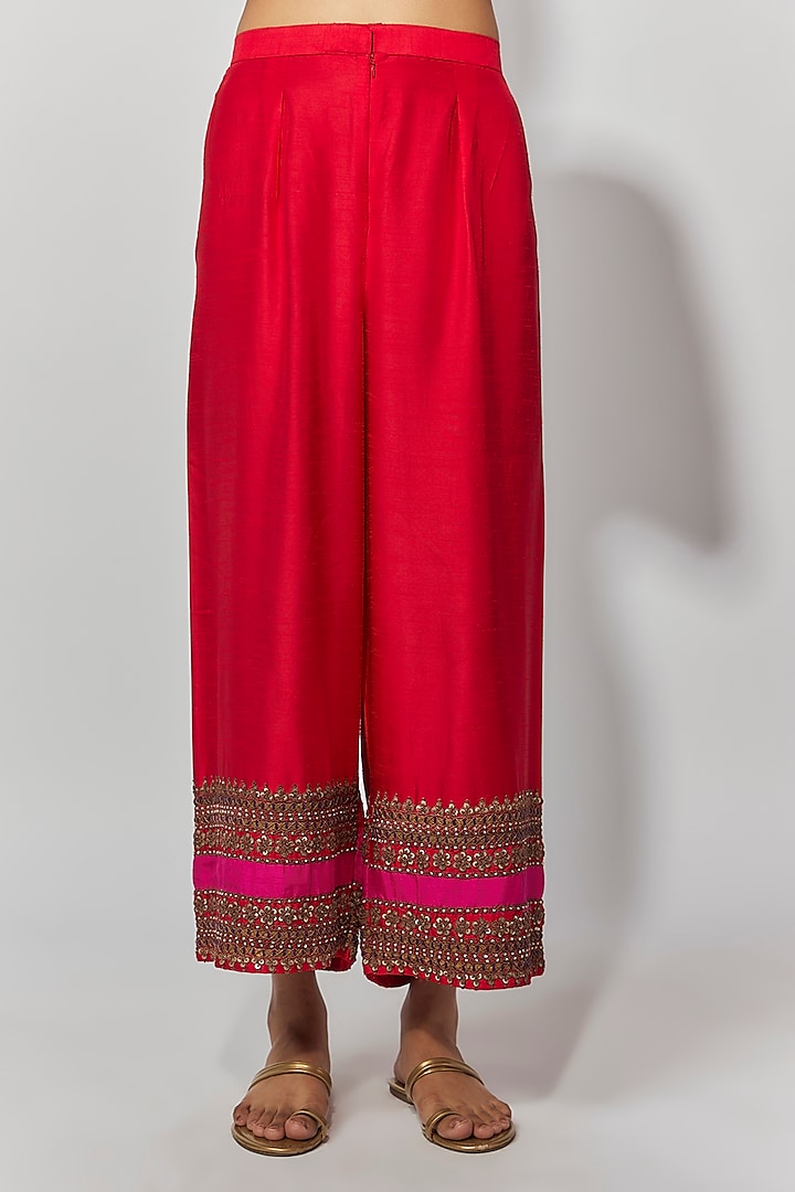 Red Summer Cotton Silk Hand Embroidered Kaftan Set by Mahi Calcutta at Pernia's Pop Up Shop