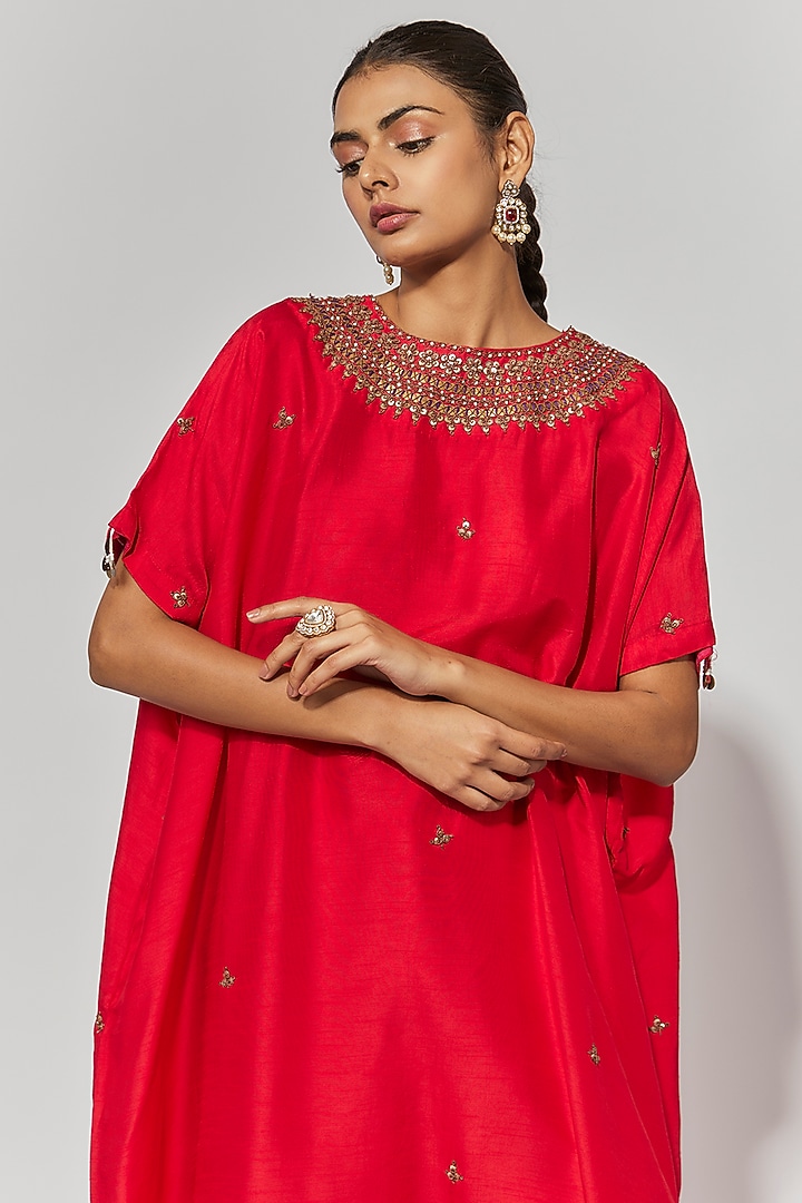 Red Summer Cotton Silk Hand Embroidered Kaftan Set by Mahi Calcutta at Pernia's Pop Up Shop