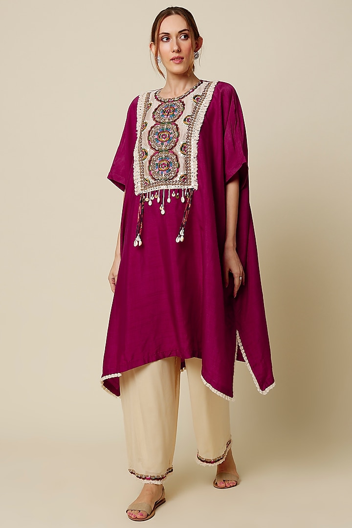 Ruby Red Embroidered Kaftan Set by Mahi Calcutta