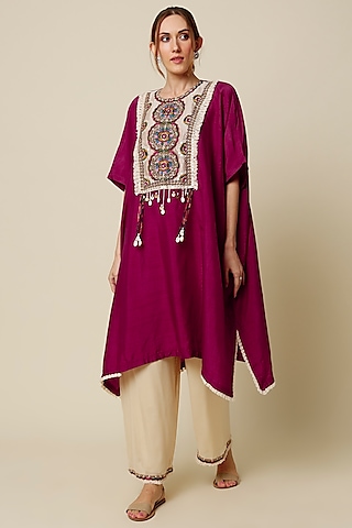 Ruby Red Embroidered Kaftan Set by Mahi Calcutta