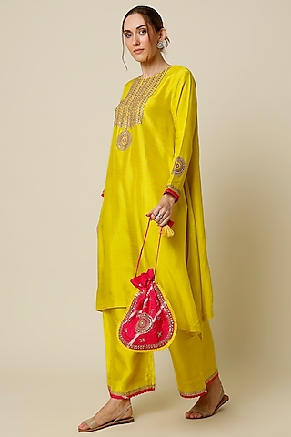 Citrus Lime Embroidered Kurta Set by Mahi Calcutta