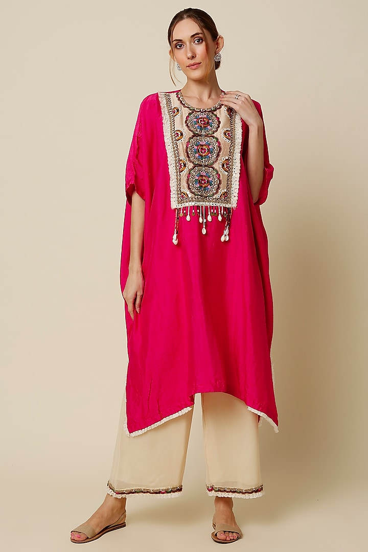 Hot Pink Embroidered Kaftan Set by Mahi Calcutta
