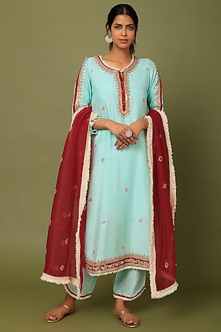 Powder Blue Embroidered Kurta Set by Mahi Calcutta