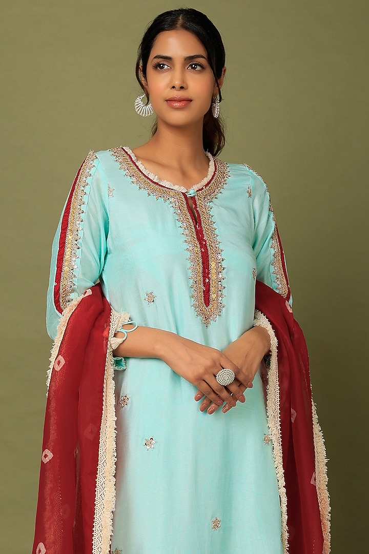Powder Blue Embroidered Kurta Set by Mahi Calcutta at Pernia's Pop Up Shop