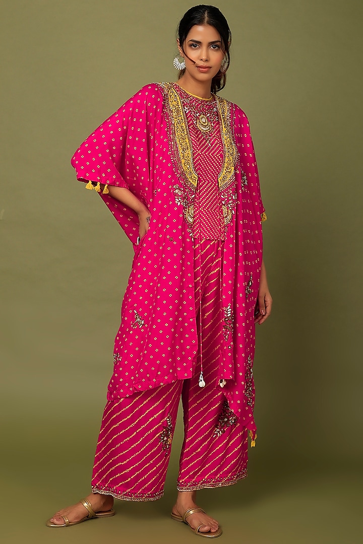 Vermillion Red Embroidered Kaftan Set by Mahi Calcutta