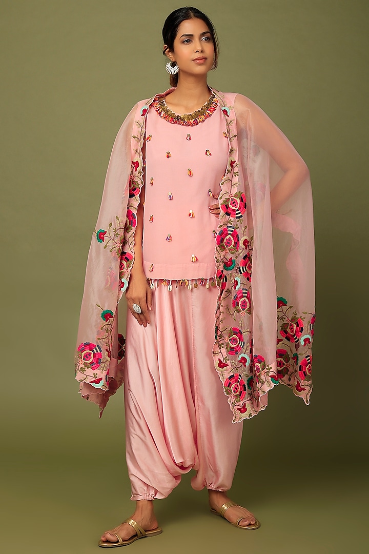 Blush Pink Satin Harem Pant Set by Mahi Calcutta