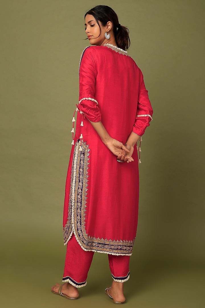Vermillion Red Cotton Silk Zardosi Embroidered Kurta Set by Mahi Calcutta at Pernia's Pop Up Shop